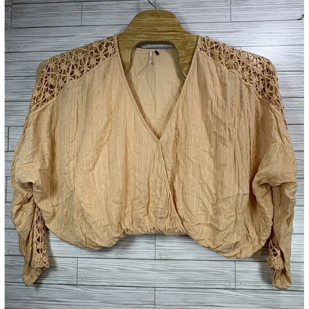 Free People Womens Runaway Lace Panel Top Size M Dolman Sleeve V Neck Boho Gypsy